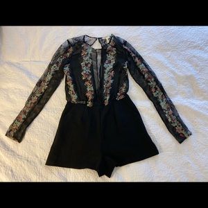 BCBGMaxazria Designer Mesh and Lace Long-Sleeve Floral Romper with Black Shorts